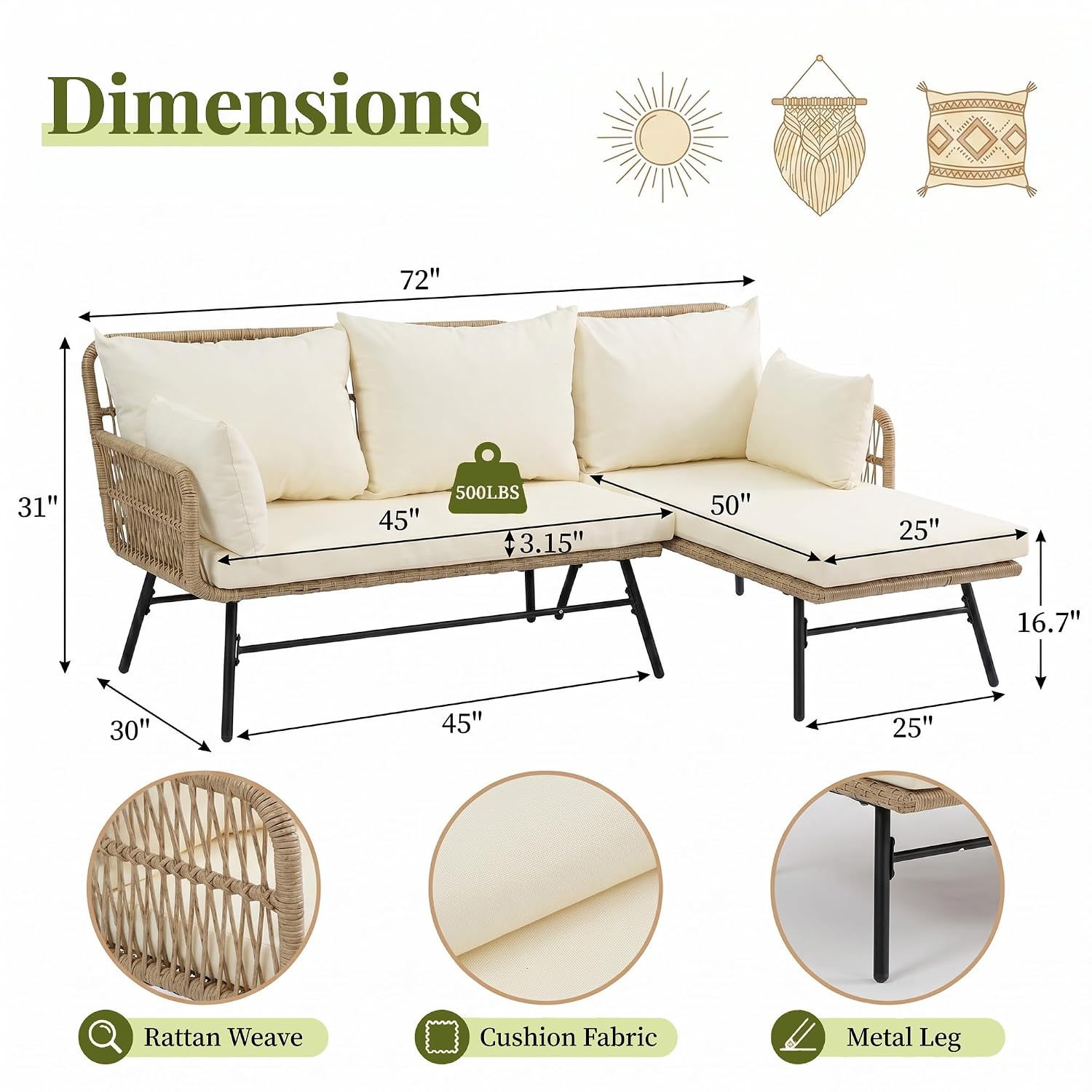 3 Pieces Boho Patio Furniture  - Rattan Lounge Set review and price