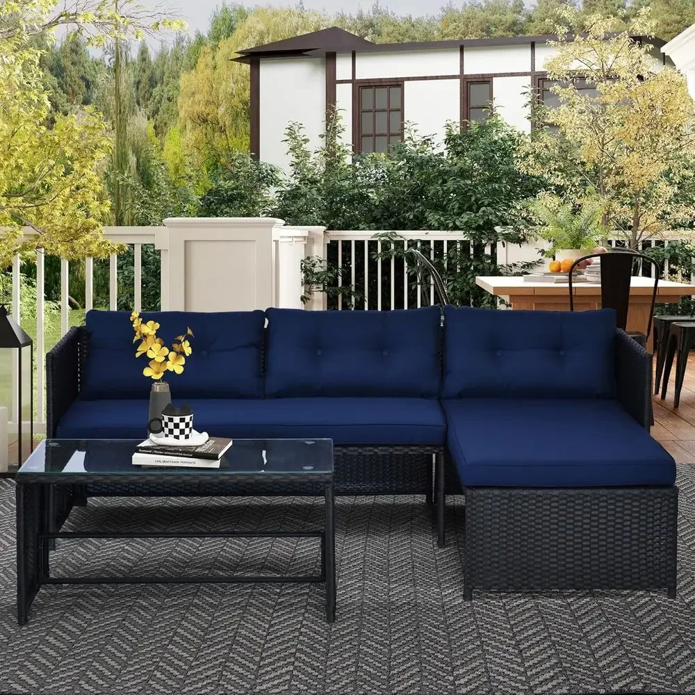 Blue L-Shaped Rattan Outdoor S - Rattan Lounge Set review and price