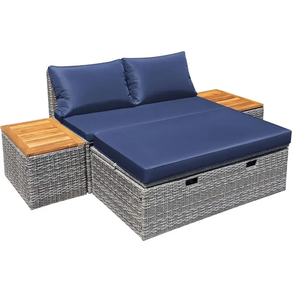 Navy Blue Outdoor Patio Daybed - Rattan Lounge Set review and price