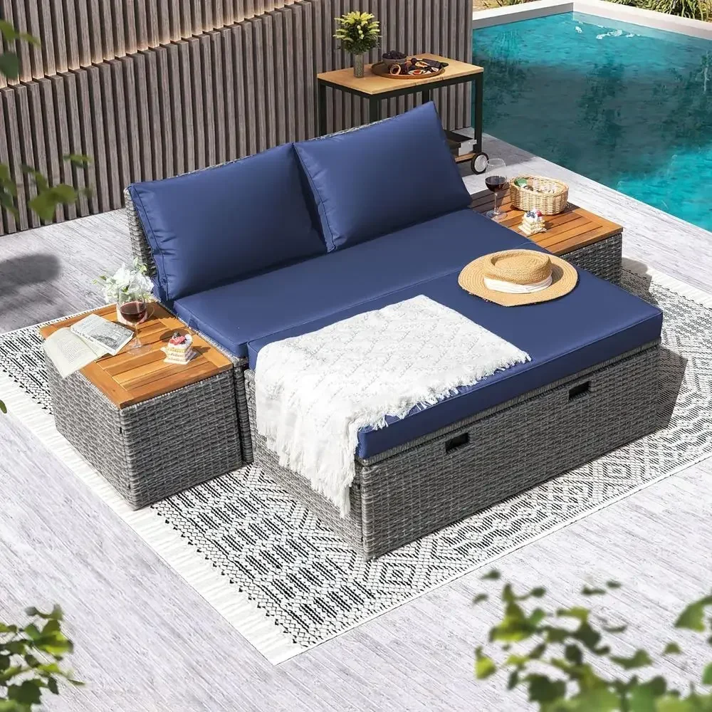 Navy Blue Outdoor Patio Daybed - Rattan Lounge Set review and price