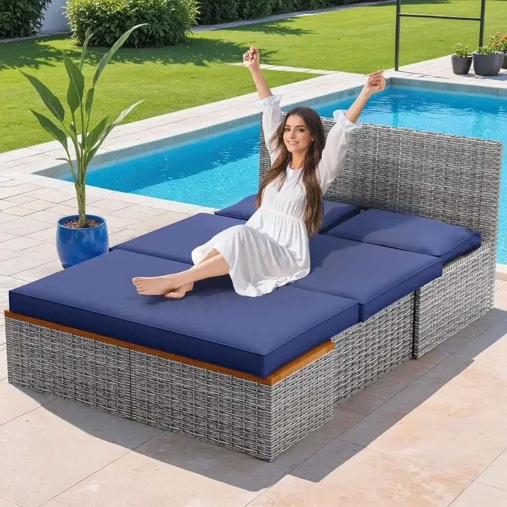 Navy Blue Outdoor Patio Daybed - Rattan Lounge Set review and price