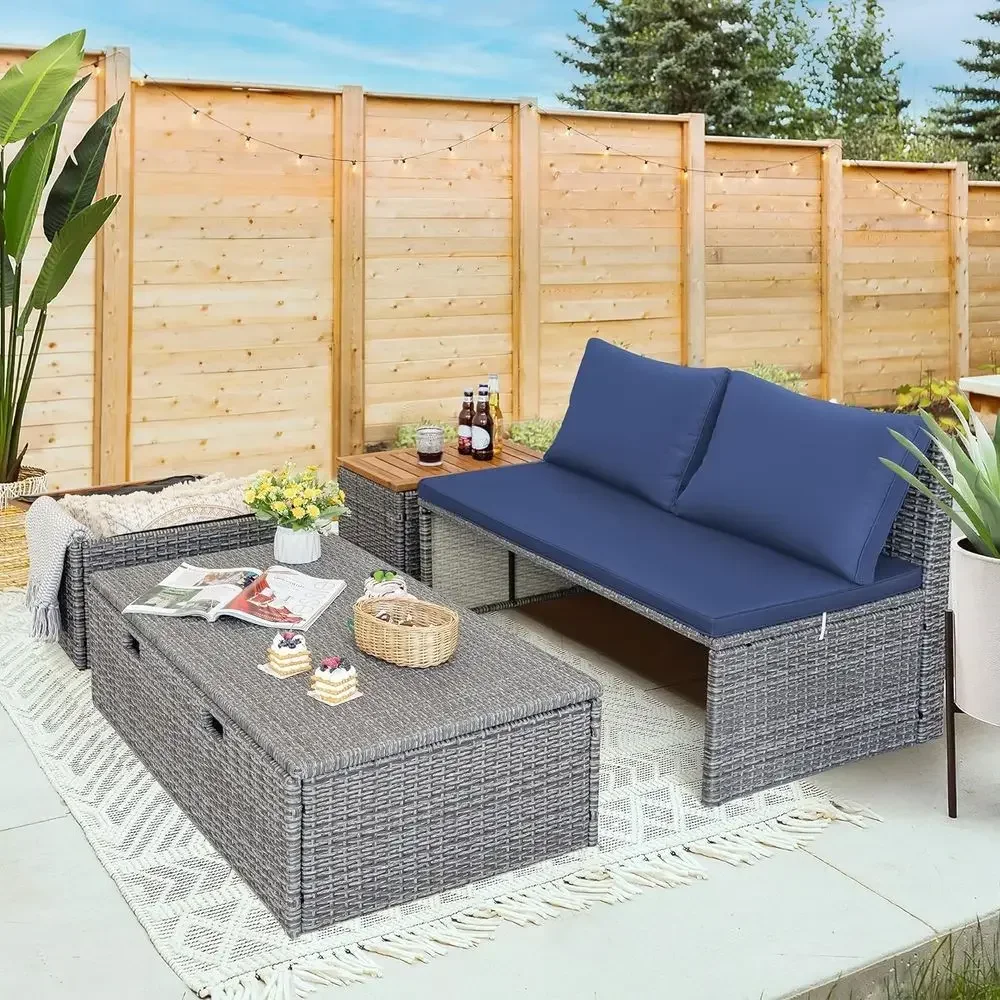 Navy Blue Outdoor Patio Daybed - Rattan Lounge Set review and price